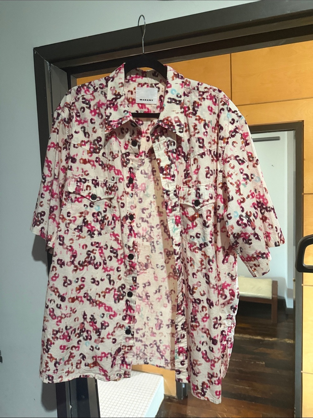 Isabel Marant Cream Button-Up Shirt Jacket with Pink & Burgundy Print